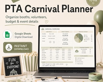 Modello di Fogli Google per la pianificazione del carnevale dell'associazione genitori-insegnanti, organizzatore di eventi scolastici, strumento di monitoraggio del budget dei volontari per gli stand.