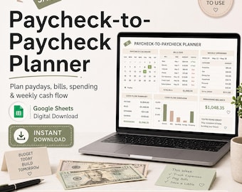 Modello di Fogli Google per la pianificazione da stipendio a stipendio, monitoraggio del budget, calendario delle bollette, organizzatore di denaro
