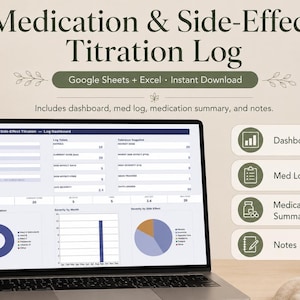 May include: A digital Medication & Side-Effect Titration Log displayed on a laptop screen. The interface includes a dashboard, medication log, summary, and notes. Text on screen reads Medication & Side-Effect Titration Log, Dashboard, Med Log, Medication Summary, and Notes.