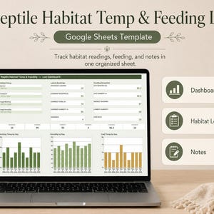 Puede incluir: Una pantalla de portátil que muestra una plantilla de Google Sheets para el registro de temperatura y alimentación de reptiles. El panel incluye campos de datos y gráficos de barras que rastrean las tendencias diarias.
