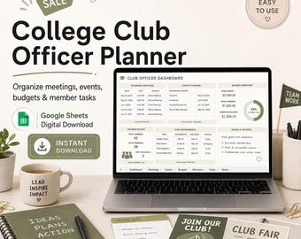 Modello di Fogli Google per la pianificazione dei dirigenti dei club studenteschi, strumento di monitoraggio delle organizzazioni studentesche, pianificatore del budget per riunioni ed eventi.