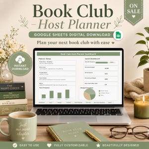 Peut inclure: Un planificateur numérique Google Sheets pour club de lecture affiché sur un écran d'ordinateur portable. L'interface présente un tableau de bord avec des sections pour la configuration, le suivi des tâches, le budget et des indicateurs.