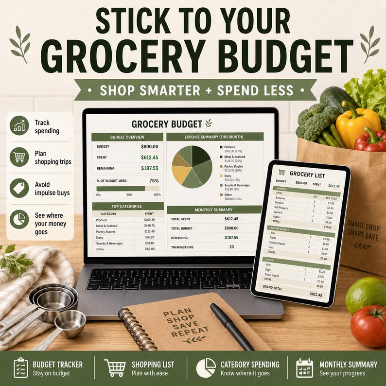 May include: A digital grocery budget tracker displayed on a laptop and tablet screen, featuring charts, expense summaries, and a grocery list. The text reads STICK TO YOUR GROCERY BUDGET, SHOP SMARTER + SPEND LESS, and PLAN SHOP SAVE REPEAT.