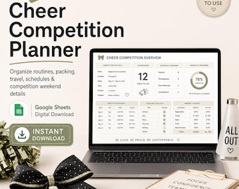 Modello di Fogli Google per la pianificazione delle gare di cheerleading, organizzatore per le mamme delle cheerleader, strumento per monitorare la pianificazione dell'imballaggio delle uniformi.