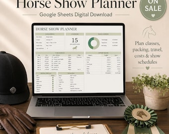 Modello di Fogli Google per la pianificazione di concorsi ippici, organizzatore di competizioni equestri, lista di cose da portare, strumento di monitoraggio del budget.