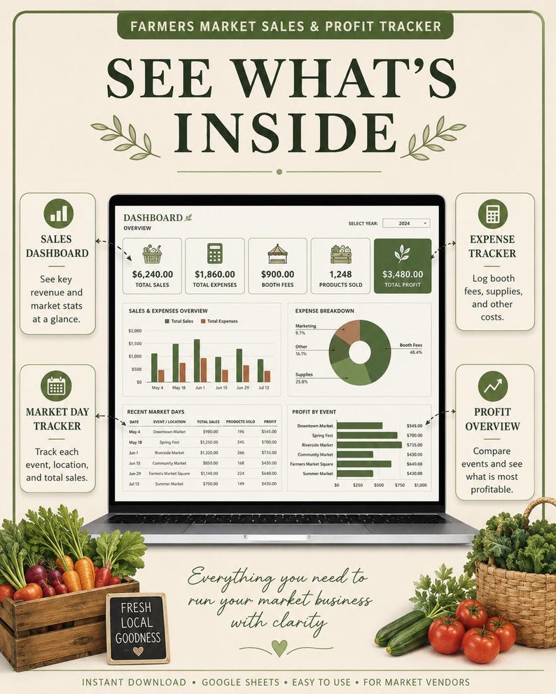 May include: A digital Farmers Market Sales & Profit Tracker dashboard displayed on a laptop screen. The interface includes a sales dashboard, expense tracker, market day tracker, and profit overview with charts, graphs, and tables. Text includes "See What's Inside" and "Everything you need to run your market business with clarity."