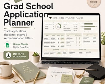 Plantilla de Google Sheets para planificar solicitudes de admisión a posgrado, seguimiento de solicitudes, organizador de fechas límite y lista de verificación de ensayos.