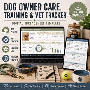 May include: A digital dog owner care, training, and vet tracker spreadsheet template displayed on a laptop and tablet. Includes a green lead, blue collar with a tag, a paw print notebook with a pen, a yellow tennis ball, and a ceramic bowl.