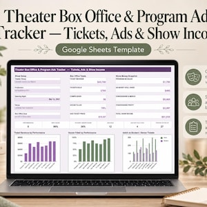 May include: A laptop screen displaying a Theater Box Office & Program Ads Tracker Google Sheets template with purple and white data tables, bar charts, and financial summaries for ticket revenue, ad sales, and show income.