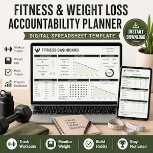May include: A digital fitness and weight loss accountability planner spreadsheet template displayed on a laptop and tablet screen, featuring a dashboard with workout, weight, and habit trackers, alongside a notebook, dumbbell, and measuring tape.