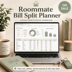 May include: A laptop displaying a Roommate Bill Split Planner Google Sheets digital download. The screen shows a May overview, a pie chart, a bar graph, and a bill tracker table. A notebook, a mug, and a keychain are visible on the desk.