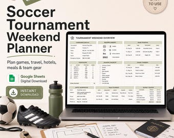 Modello di Fogli Google per la pianificazione del weekend del torneo di calcio, organizzatore per genitori di sportivi, strumento per tenere traccia del calendario delle partite.