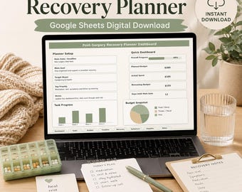 Post Surgery Recovery Planner Google Sheets Template, Medication Appointment Tracker, Healing Checklist