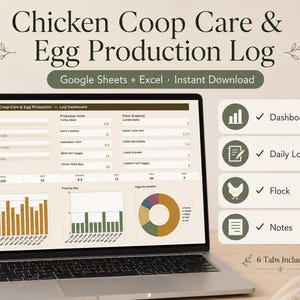 Può includere: Uno schermo di computer portatile che mostra una dashboard per la cura del pollaio e la produzione di uova con grafici, tabelle e campi dati. L'interfaccia include schede per Dashboard, Daily Log, Flock e Notes per Google Sheets ed Excel.