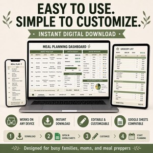 May include: A digital meal planning dashboard displayed on a laptop, smartphone, and tablet. The interface features a weekly meal plan, grocery budget, and pantry inventory. Text includes EASY TO USE, SIMPLE TO CUSTOMIZE, and INSTANT DIGITAL DOWNLOAD.