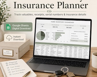 Modello di Fogli Google per la pianificazione dell'inventario domestico e dell'assicurazione, per il monitoraggio dei beni personali e l'organizzazione delle ricevute.