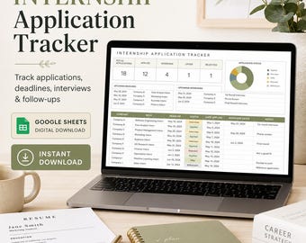 Modello di Fogli Google per il monitoraggio delle candidature di tirocinio, pianificatore per la ricerca di lavoro per studenti, organizzatore di scadenze