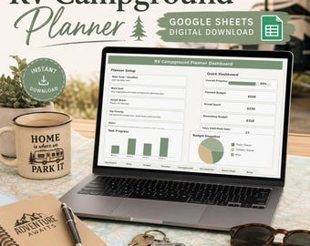 Modello di Fogli Google per la pianificazione di campeggi per camper, monitoraggio delle prenotazioni di piazzole, organizzatore di viaggi in camper, budget di viaggio