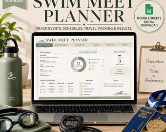 Modello di Fogli Google per la pianificazione di gare di nuoto, strumento di monitoraggio del programma degli eventi (download digitale)