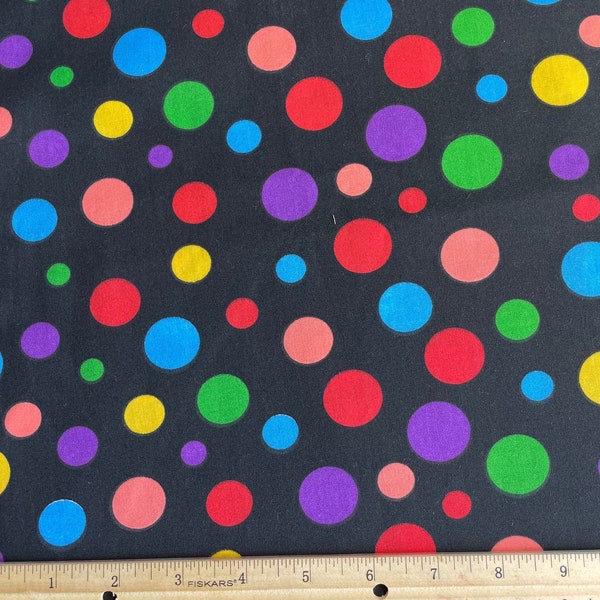 Bright Colorful Polka Dots on Black Cotton Quilting or Craft Fabric