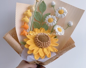 Crochet Flowers Bouquet Handmade Finished Sunflower Product Tulip for Anniversary Birthday Girlfriend Mother Day Love Forever Mom Knit Gift