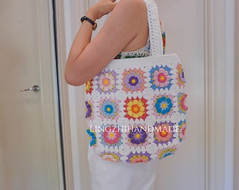 Crochet Tote Bag Granny Square Flower Bag Handmade Bag Shoulder Bag DIY Yarn Knitted Bag Gift For Her Birthday Handmade Gift