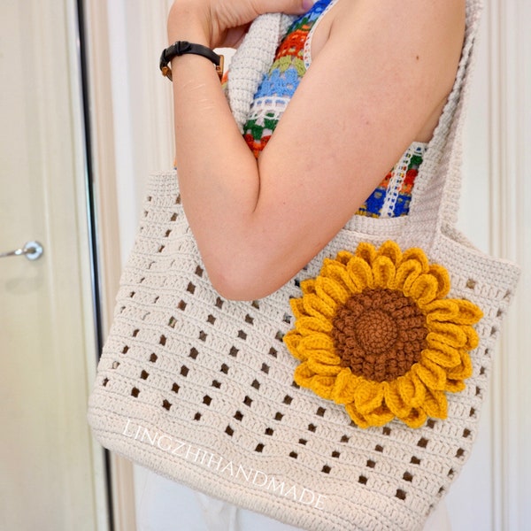 Crochet Tote Bag Sunflower Finished Handmade Bags with Crochet Flower LingzhiHandmade