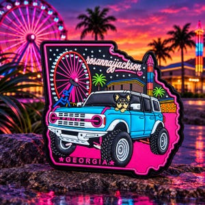Puede incluir: Un parche con la forma del estado de Georgia que muestra un Ford Bronco azul claro con un bulldog francés en el asiento del conductor. El diseño incluye una noria rosa, palmeras y el texto rosannajackson y GEORGIA en colores neón vibrantes.