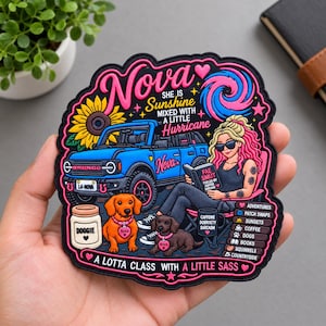 May include: A decorative patch featuring a blue Bronco vehicle, a sunflower, two dogs, and a person reading a book titled Fae Smut. Text includes Nova, She is Sunshine Mixed with a Little Hurricane, and A Lotta Class with a Little Sass, plus a list of interests.