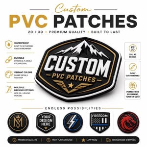 以下が含まれることがあります： 山岳デザイン、白い文字のCUSTOM PVC PATCHES、ゴールドのアクセントが施された中央の六角形のエンブレムを特徴とするカスタムPVCパッチのプロモーション画像。画像には、防水性、耐久性、カスタマイズ可能な機能を示すアイコンが含まれています。