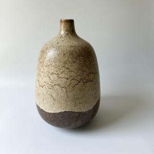 May include: A ceramic vase with a rounded body and a narrow neck. The vase has a two-tone color scheme, with a light beige upper portion and a dark brown base. The surface has a textured, crackled appearance.