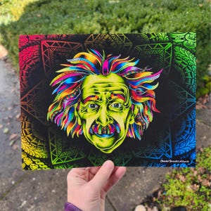 Impresión artística vibrante de Einstein - Póster de ciencia psicodélico - Decoración de pared de neón de Albert Einstein - Obra de arte de física psicodélica