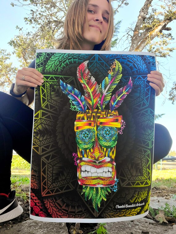 Ornate Aku Aku Art Print – Tribal Mask Wall Art – Colorful Tiki