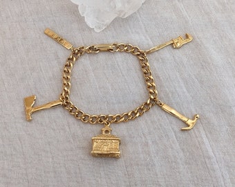 Charm Bracelet with Tools and School Charms, Goldtone, 7 inches. Gift for a DIY Diva ot Teacher