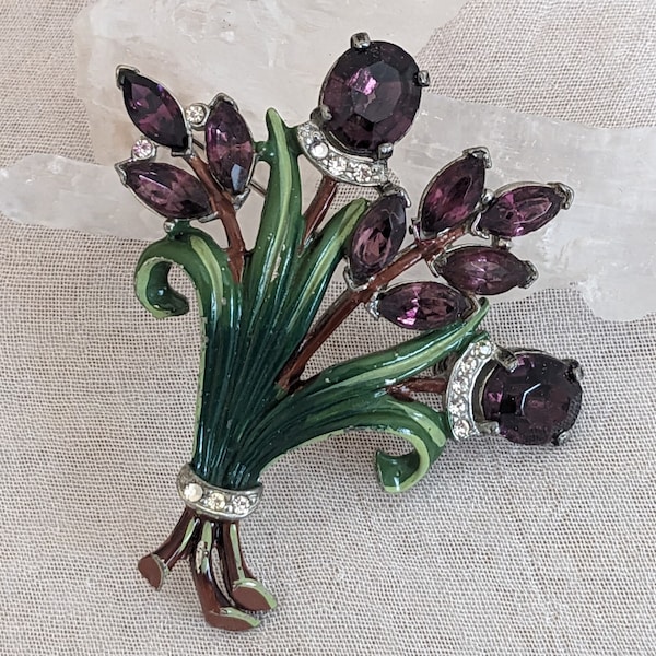 Floral Brooch / Bouquet Pin, Enamel & Purple Rhinestones, Vintage 1940's Unsigned STARET Style, Large Statement Runway Collectible