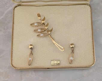 Vintage Gold & Pearl Brooch / Earrings Set, Dainty 12K Gold Fill Cultured Pearls, Screw Backs, Original Box