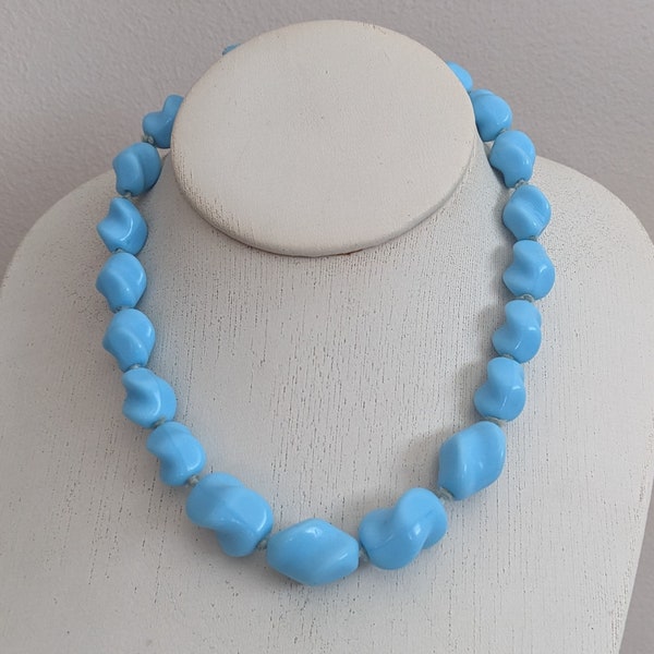 Mid-Century Turquoise Glass Beaded Choker Necklace, 15.5", Adjustable, Hand Knotted, 1950's West Germany