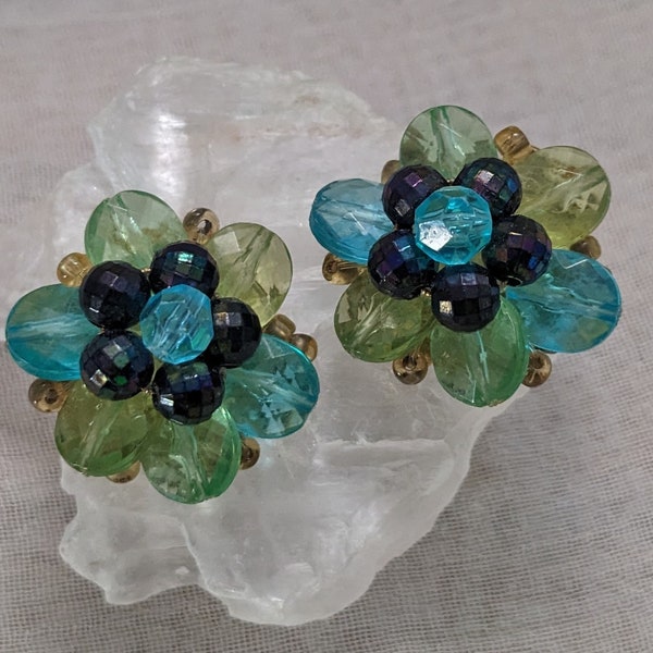 Vintage West Germany Clip-On Cluster Earrings, Turquoise, Blue, Green, Black 1", Retro Glam!