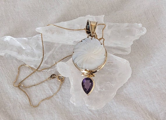 Amethyst Necklace & Mother of Pearl Pendant, Gold… - image 2