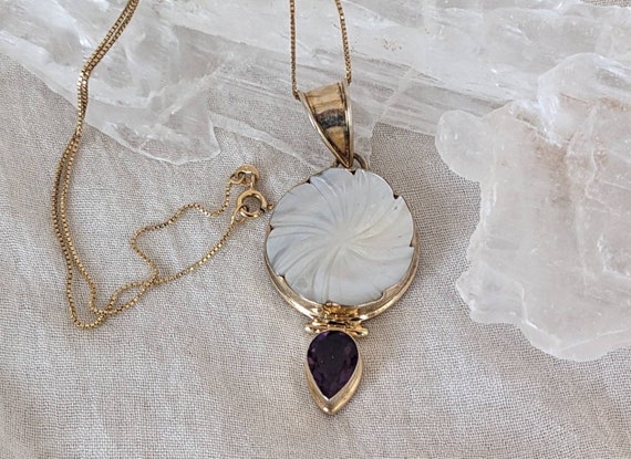 Amethyst Necklace & Mother of Pearl Pendant, Gold… - image 5