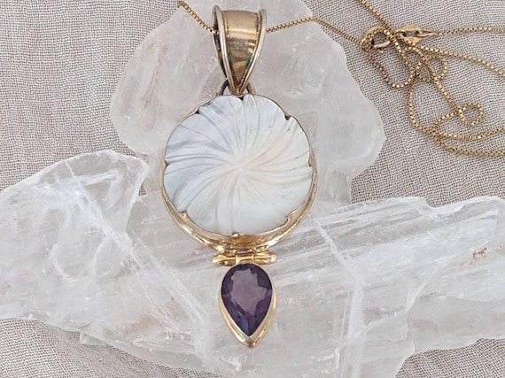 Amethyst Necklace & Mother of Pearl Pendant, Gold… - image 1