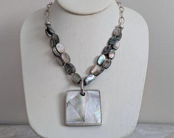 Artisan Abalone Sterling Silver Pendant Necklace: Mosaic Style, Iridescent Shell