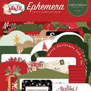 May include: A collection of Christmas-themed ephemera, including die-cut cardstock pieces in red, green, and white. The package features the text "Christmas for Santa Ephemera" and includes various shapes and designs, such as circles, tags, and decorative elements.