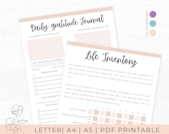 May include: Printable daily gratitude journal and life inventory worksheet with a pink background. The journal includes prompts for daily gratitude and a mood tracker. The life inventory worksheet includes a grid for rating different areas of life on a scale of 1 to 10.