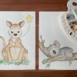 Australian Animal Watercolour Nursery Art Drawings Koala and Kangaroo
