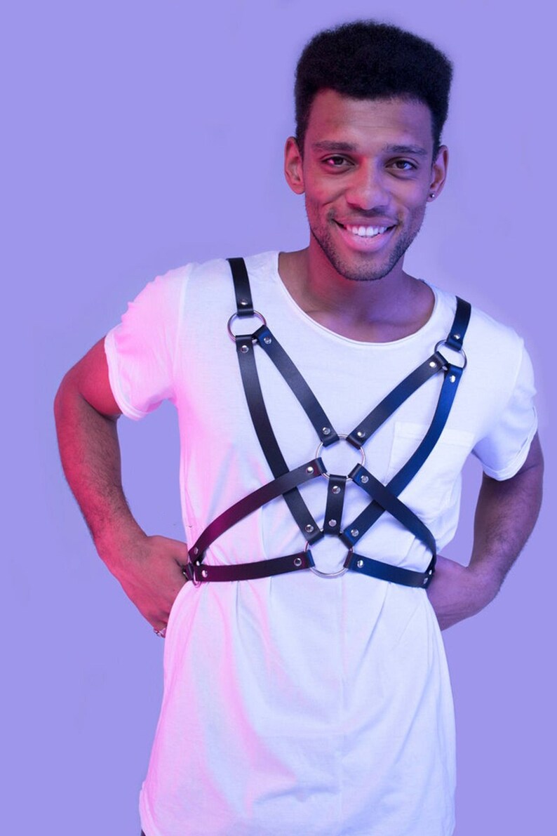 Black Men's Leather Chest Body Harness Belt Adjustable Etsy