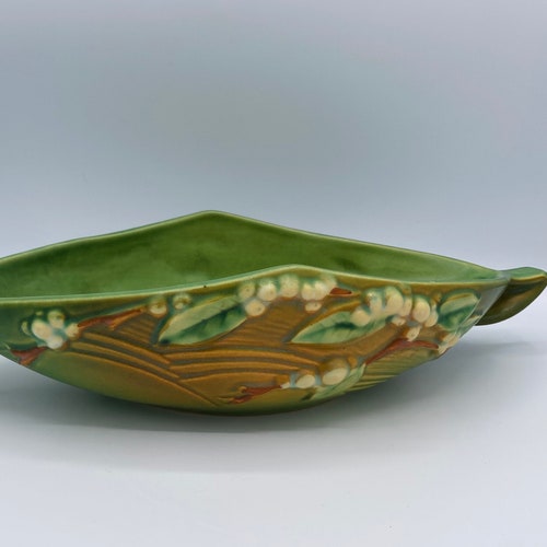 Vintage Roseville Pottery Green Brown Snowberry Flower Double Handled Console Bowl Vase 1940s shops USA