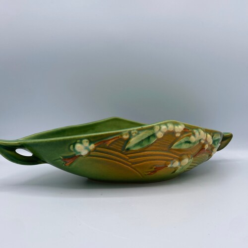 Vintage Roseville Pottery Green Brown Snowberry Flower Double Handled Console Bowl Vase 1940s shops USA