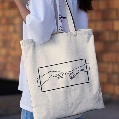 Michelangelo Creation of Adam Line Art Tote Bag aesthetic - Etsy