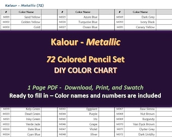 Kalour Metallic- 72 Colored Pencil Set - DIY Color Chart / Swatch Sheet - Digital Download